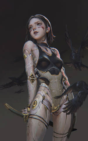 一位身穿華麗盔甲的賽博龐克女戰士，在黑暗的環境中手持劍，烏鴉在她周圍飛翔。