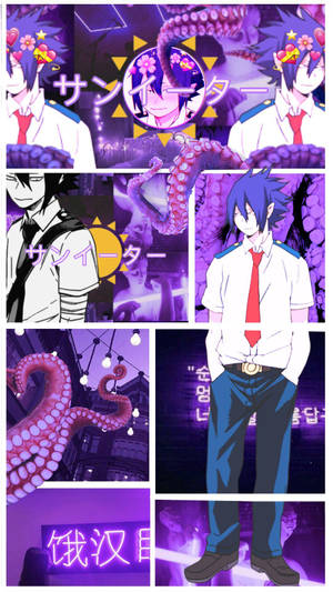 穿著校服的動漫男孩，藍髮紅領帶，置身於紫色章魚和霓虹燈之中。