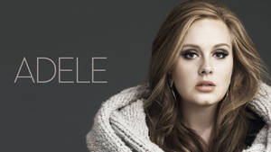 Adele 穿著灰色針織毛衣直視鏡頭，旁邊有名字文字。 — 獨立 壁紙