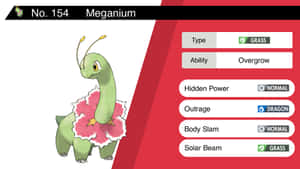 綠色Pokémon Meganium，帶有粉紅色花朵，手持統計卡。 — 藝術 壁紙