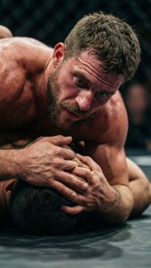 兩名拳手在八角籠內鎖定於緊密的MMA寢技位置。