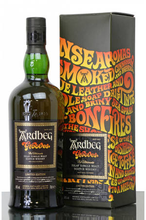 Ardbeg Grooves 威士忌酒瓶和盒子，帶有粗體風味文字