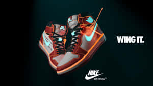 帶有橙色和藍綠色點綴的Nike Air Force 1運動鞋，在帶有 'WING IT.' 文字的深色背景上漂浮。