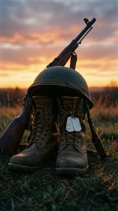 美國陸軍紀念碑，展示靴子、步槍與頭盔