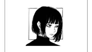 短波波頭動漫女孩低頭帶着嚴肅表情。