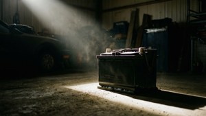 一個佈滿灰塵的車庫中的汽車電池，由單一聚光燈照亮。