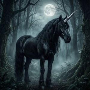 滿月下霧林中的黑色獨角獸，銀色獨角