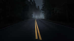 夜間黑暗的森林道路，黃色中心線消失在霧中。