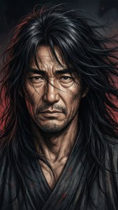 一位表情嚴肅的武士，長長的黑髮和傳統服飾。