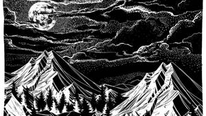 滿月下的山脈，有松樹和 swirling 的雲。