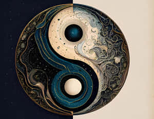 一個詳細的宇宙陰陽符號，包含星系、恆星和天體，採用藍色、奶油色和金色。