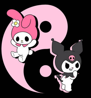 My Melody 和 Kuromi 卡通角色在粉紅色和黑色的陰陽背景上。