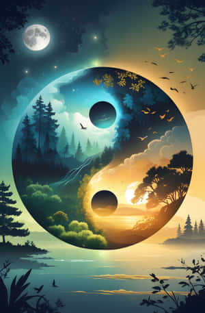 陰陽符號顯示對比的夜晚和白天自然場景，包含森林、河流和鳥類。