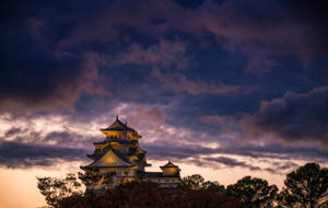 一座日本城堡在暮色中亮起，上方有彩色雲朵。