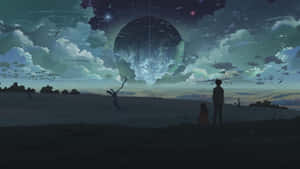 兩個人站在山丘上，觀看星空中的一個巨大發光行星。