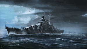 一艘大型戰艦在暴風雨的天空下航行於波濤洶湧的海面，飛機在上空。