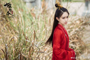 身穿紅色傳統長袍的女性站在高草中，戴著金色髮簪