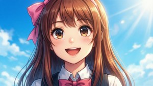 動漫女孩棕色頭髮粉紅色蝴蝶結在晴朗藍天白雲下微笑