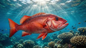 一條紅鯛魚在水下陽光照射下靠近珊瑚礁游動。