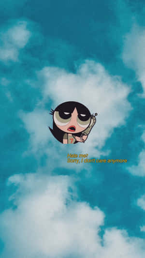 卡通女孩在天空漂浮，手持電話和文字 hate me sorry i dont care anymore