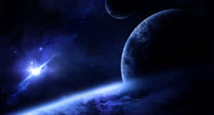 一顆發光的藍色星星在深空中靠近行星和月亮閃耀。 — 1920x1080 壁紙