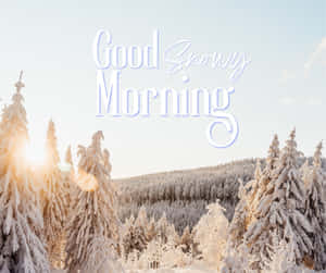 被晨光照耀的積雪松樹，帶有「Good Snowy Morning」文字。