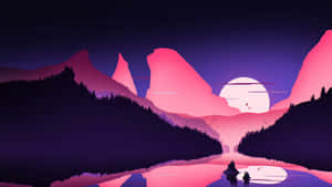發光的月亮下，粉紅色的山脈倒映在湖中（黃昏）。 — 湖 壁紙