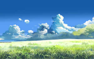 在湛藍的天空下，有蓬鬆白雲的廣闊綠色草地。