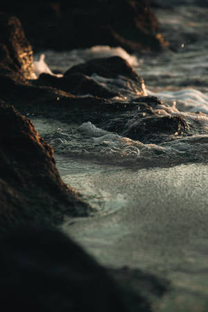 黃昏時分，金色光芒中，海浪拍打著黑暗的岩石。 — 海浪 壁紙