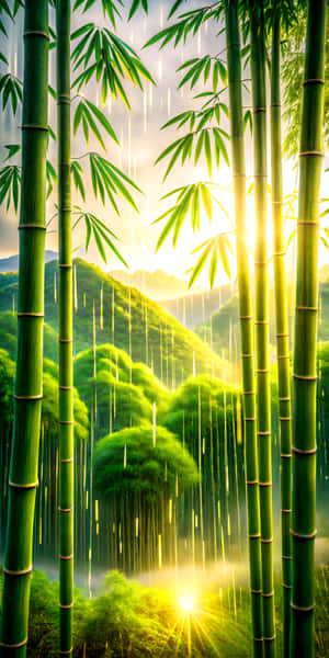 高大的竹莖框住了一個陽光明媚的山谷，有霧氣繚繞的山脈和金色的雨水穿過充滿活力的樹葉落下。 — 森林 壁紙