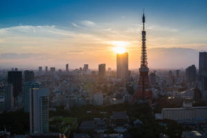 夕陽下的東京塔，背景為城市天際線 — 日本 壁紙