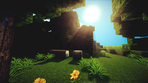 一個Minecraft森林空地，有陽光照射的草地和一朵黃花。 — 樹 壁紙