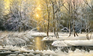 白雪覆蓋的森林，冰封的河流反射著金色的陽光。 — 冬日美學 壁紙