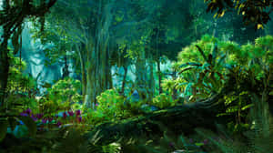 茂密的叢林，陽光穿過樹冠，苔蘚地面上有紫色花朵。 — 風景動圖 壁紙