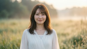 一位身穿白色襯衫的女性在陽光明媚的田野中微笑。