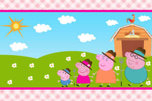 Peppa Pig 一家在陽光明媚的農場，有穀倉和花朵。