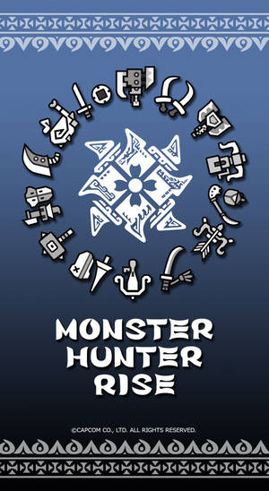 Monster Hunter Rise 遊戲標誌，周圍環繞武器圖標，藍色漸變背景。