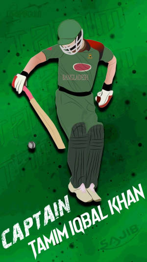 板球運動員 Tamim Iqbal Khan 身穿綠色制服揮動球棒。