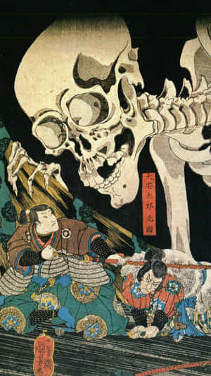 在傳統的日本木版畫中，兩名武士戰士正在與一個巨大的骷髏戰鬥。 — 日本 壁紙