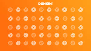 Dunkin'品牌標誌，橙色背景上重複的冬甩圖標。