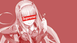 有角的動漫女孩，手持棒棒糖，眼睛上戴著Supreme標誌。