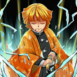 身穿橙色和服的動漫男孩揮舞著帶有藍色能量和碎玻璃效果的劍。