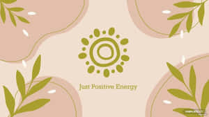 綠色太陽爆發標誌，帶有文字 Just Positive Energy，周圍環繞著粉紅色形狀和葉子。 — 簡約美學筆電 壁紙