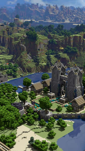 Minecraft村莊中的城堡與河流，塊狀景觀