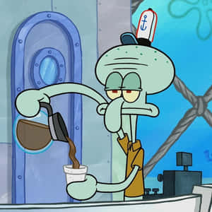 Squidward 喺佢嘅水下廚房用厭倦嘅表情倒咖啡。