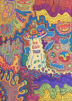 UFO中的外星人在迷幻漩渦中掉落「no bad trips」文字。 — 復古gif 壁紙