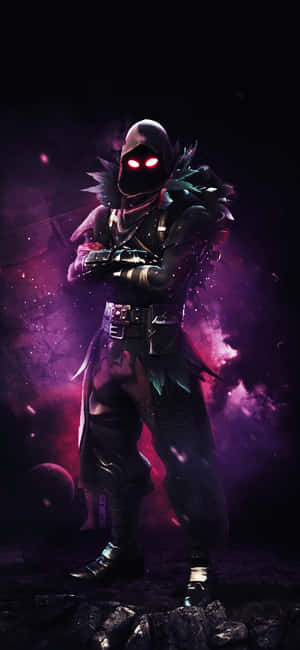 一個戴著兜帽的戰士，雙眼發出紅光，站在宇宙紫色星雲中。