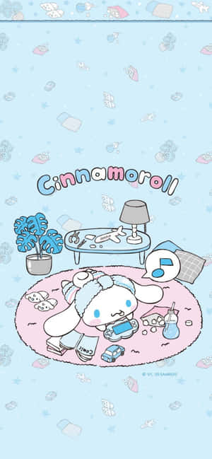 Cinnamoroll 坐喺粉紅色地毯上，周圍有玩具同書本，喺一間粉藍色房間入面。 — iPhone 15 壁紙