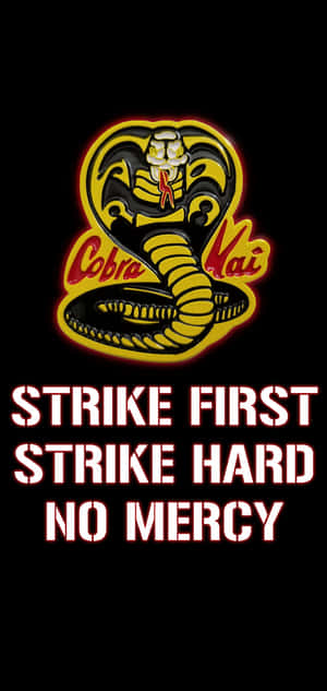Cobra Kai 標誌，附有粗體標語「strike first strike hard no mercy」。