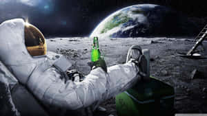 太空人在月球上喝啤酒，地球可見 — 太空 壁紙